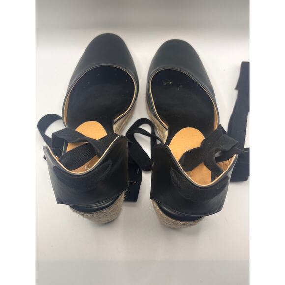 Venus Black Faux Leather Closed Toe Espadrille with Ankle Wrap Ribbon Ties - Picture 7 of 12